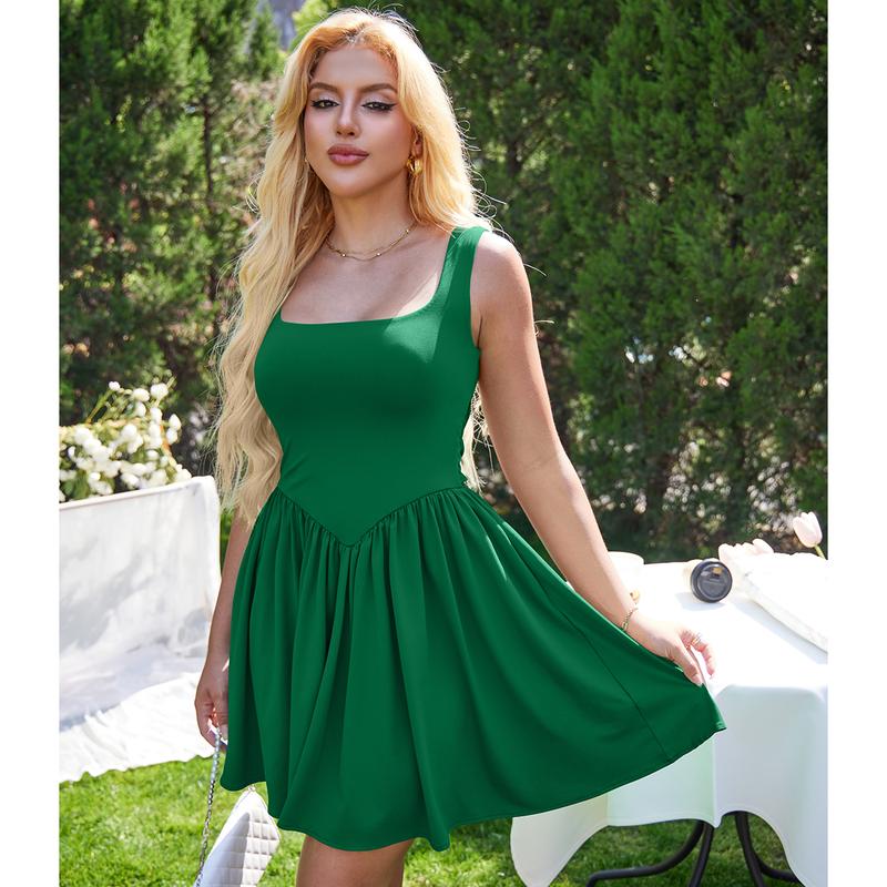 OYS Women's Summer Sleeveless Square Neck A-line Ruffle Hem Mini Tank Dress With Pockets