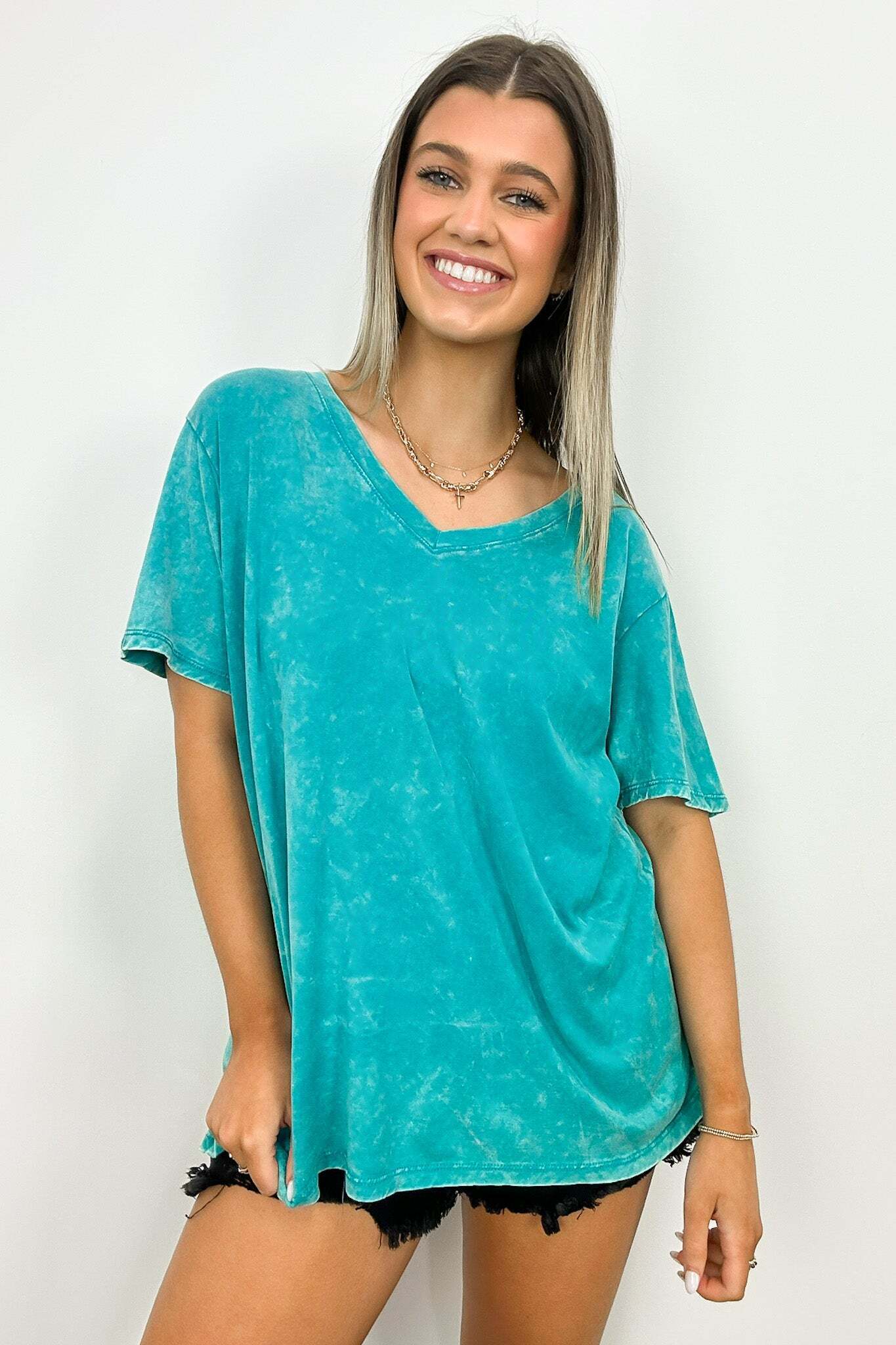 Soliel Acid Wash V-Neck Relaxed Fit Top - BACK IN STOCK