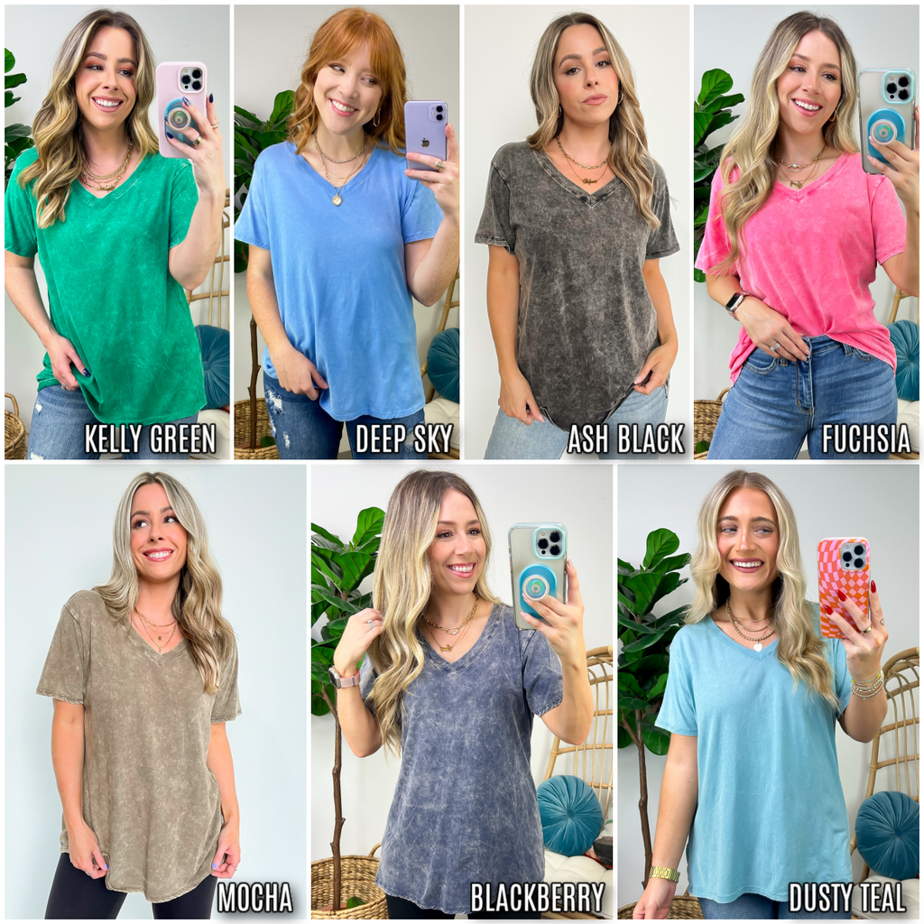 Soliel Acid Wash V-Neck Relaxed Fit Top - BACK IN STOCK