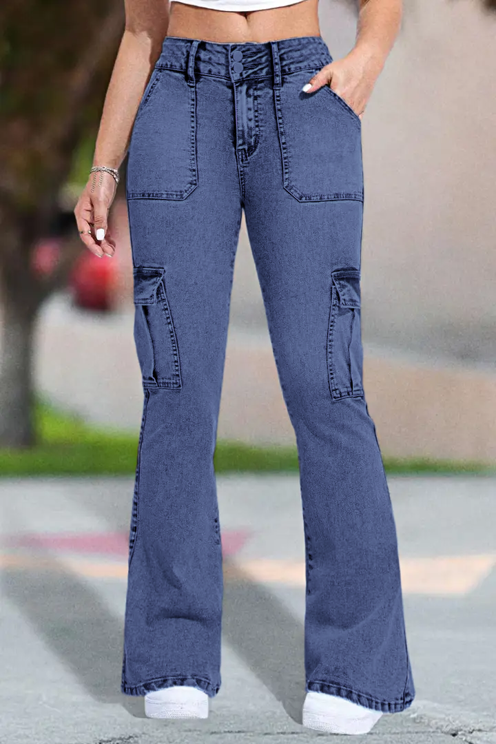 ⚡Last Chance Deal⚡- Multi Pocket Double Button Mid Rise Flare Cargo Jeans