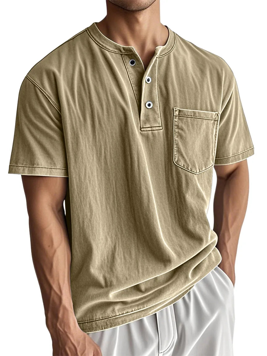 Men's Stylish Washed Distressed Cotton Vintage Casual Pocket Henley Shirt