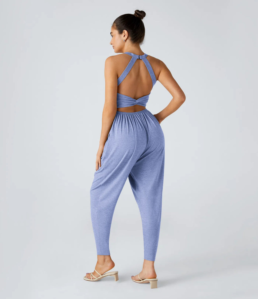 💝Last day promotion-⏰Backless Twisted U Neck Side Pocket Harem Casual Jumpsuit-Easy Peezy Edition