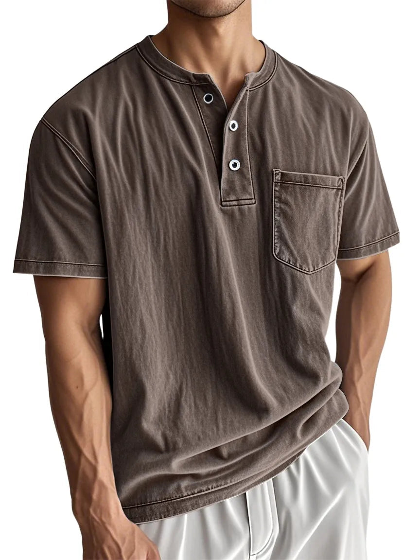 Men's Stylish Washed Distressed Cotton Vintage Casual Pocket Henley Shirt