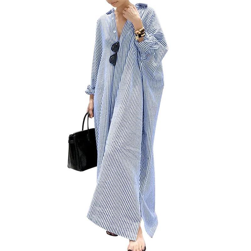 Women's Casual Long Sleeve Button Down Loose Striped Cotton Maxi Shirt Dress