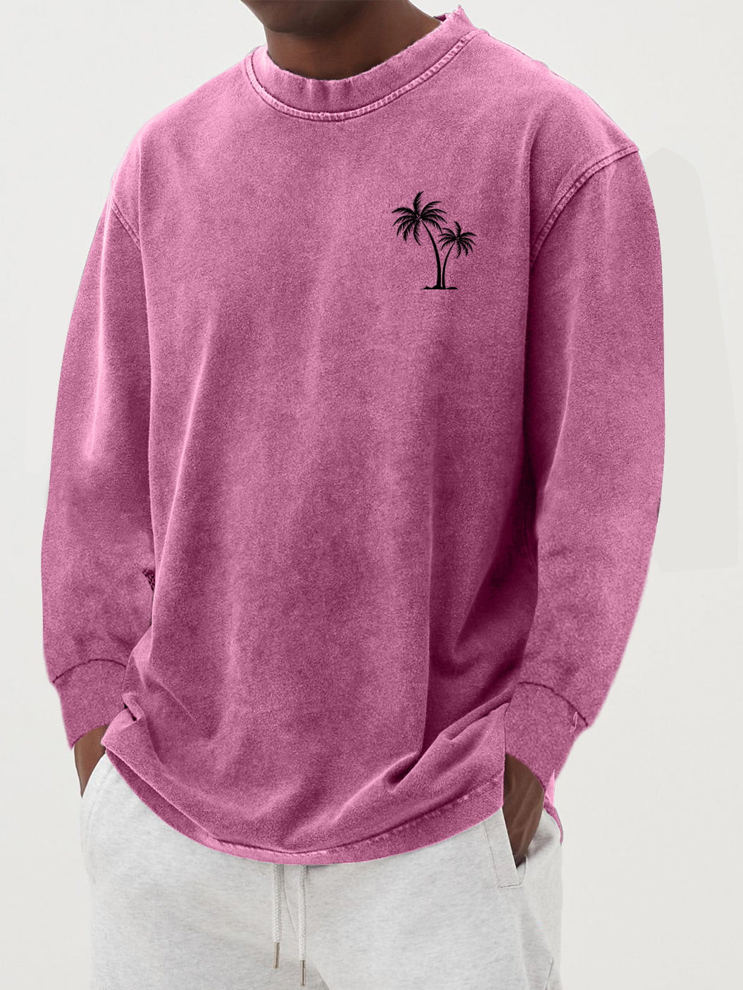 Men's 100% Cotton Vintage Washed Distressed Palm Tree Long-sleeved T-shirt