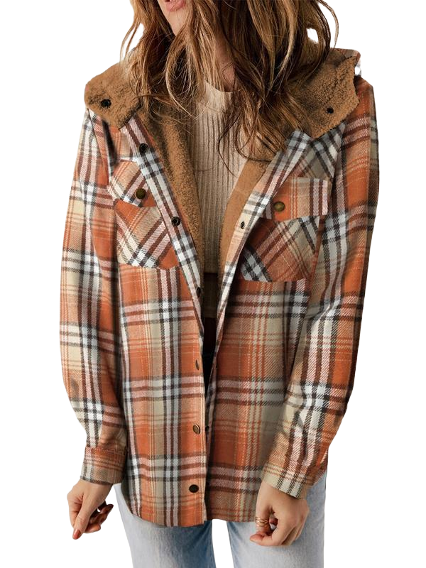 Ladies’ Plaid Hooded Button Coat – Cozy Fall/Winter