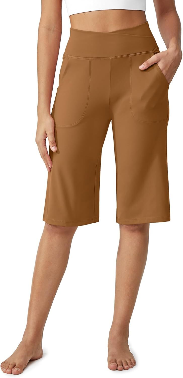 Capri Pants for Women -Knee Length Wide Leg Yoga Capris Dressy Casual Summer Crop Pants with Pockets