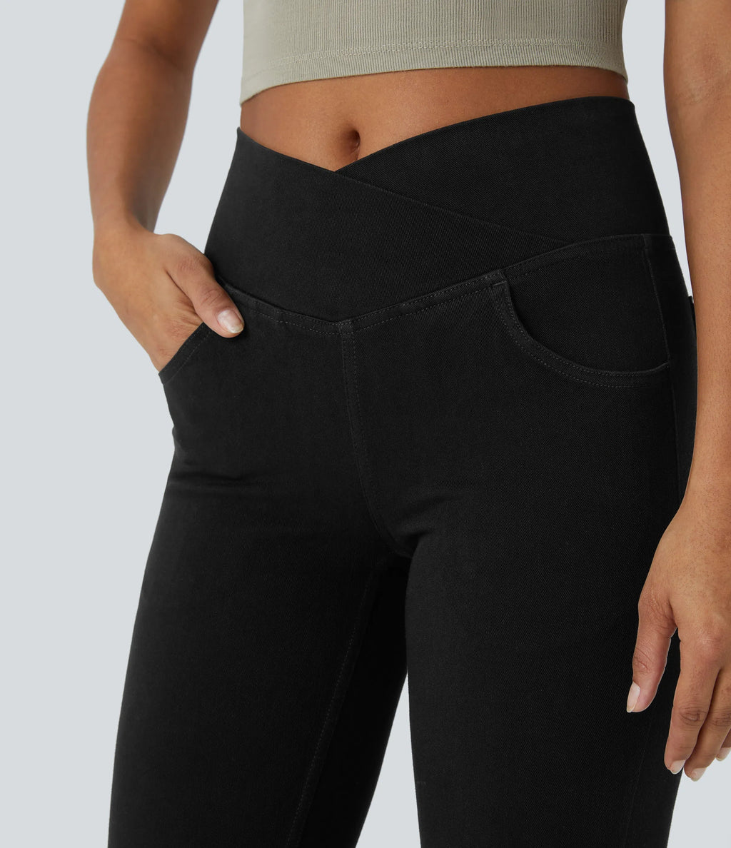 High Waisted Crossover Pocket Washed Stretchy Knit Casual Super Flare Jeans