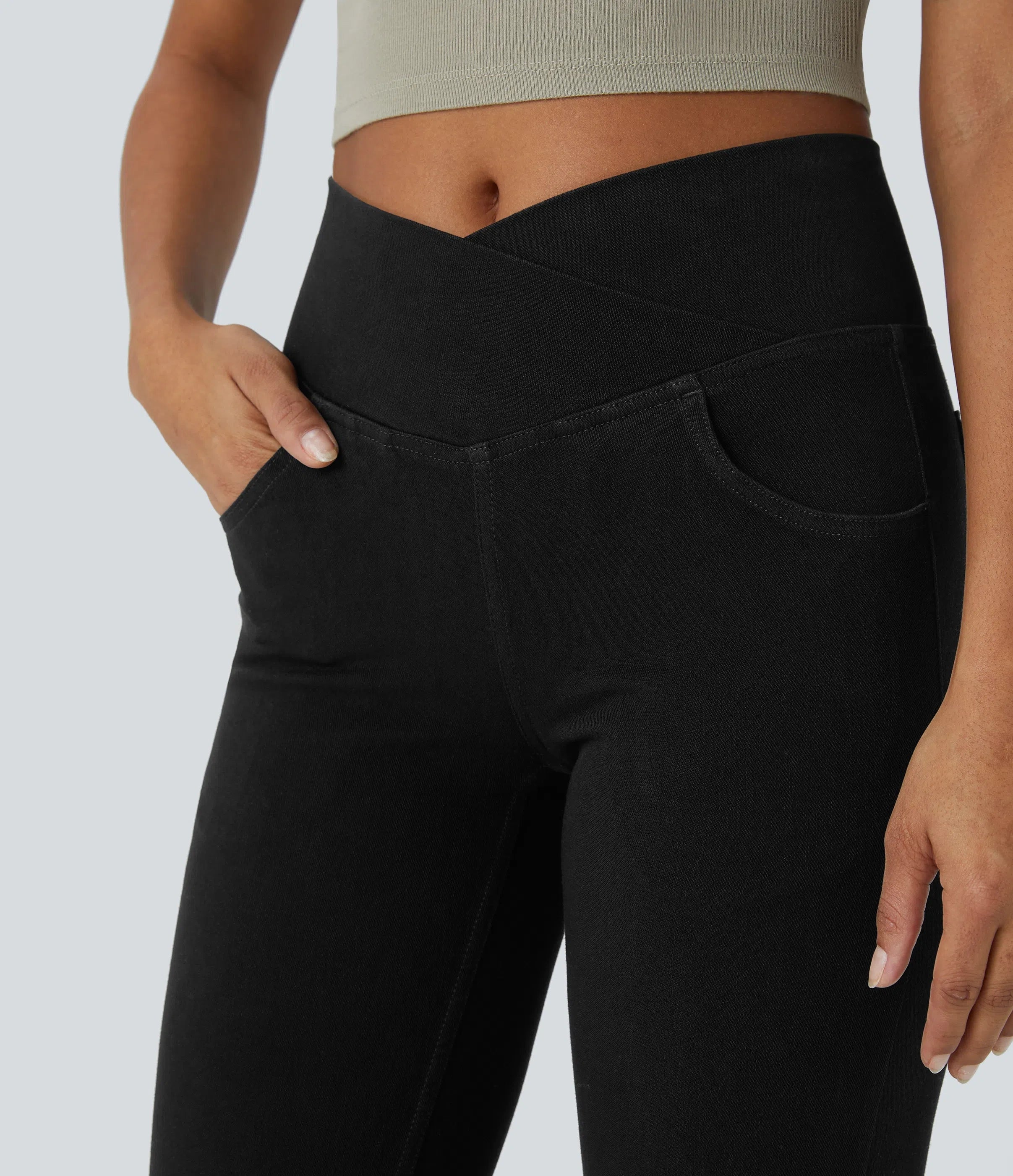 ⚡High Waisted Crossover Pocket Washed Stretchy Knit Casual Super Flare Jeans⚡