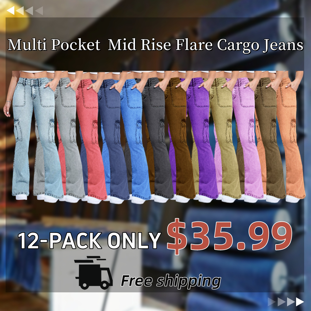 ⚡Last Chance Deal⚡- Multi Pocket Double Button Mid Rise Flare Cargo Jeans
