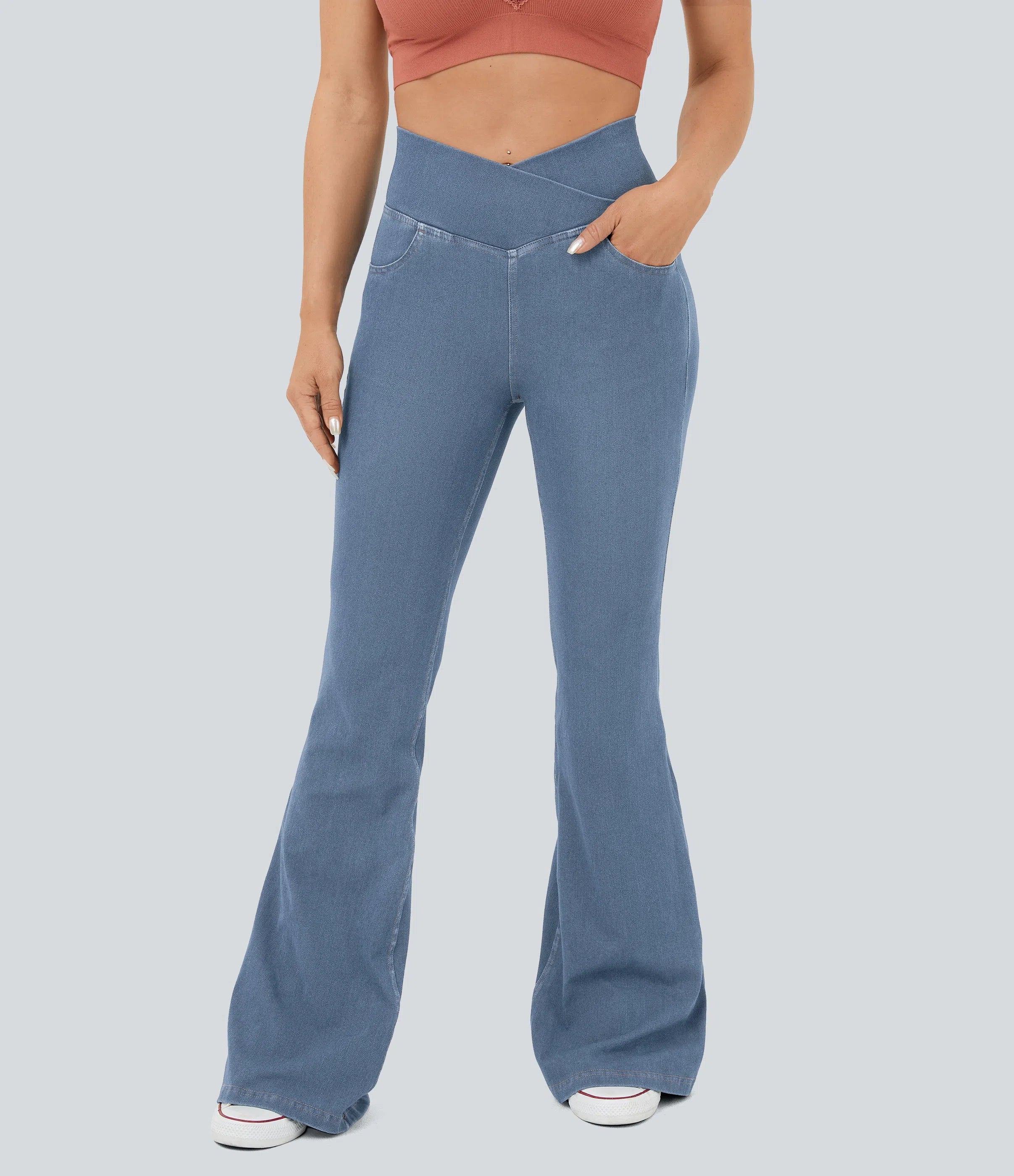 ⚡High Waisted Crossover Pocket Washed Stretchy Knit Casual Super Flare Jeans⚡