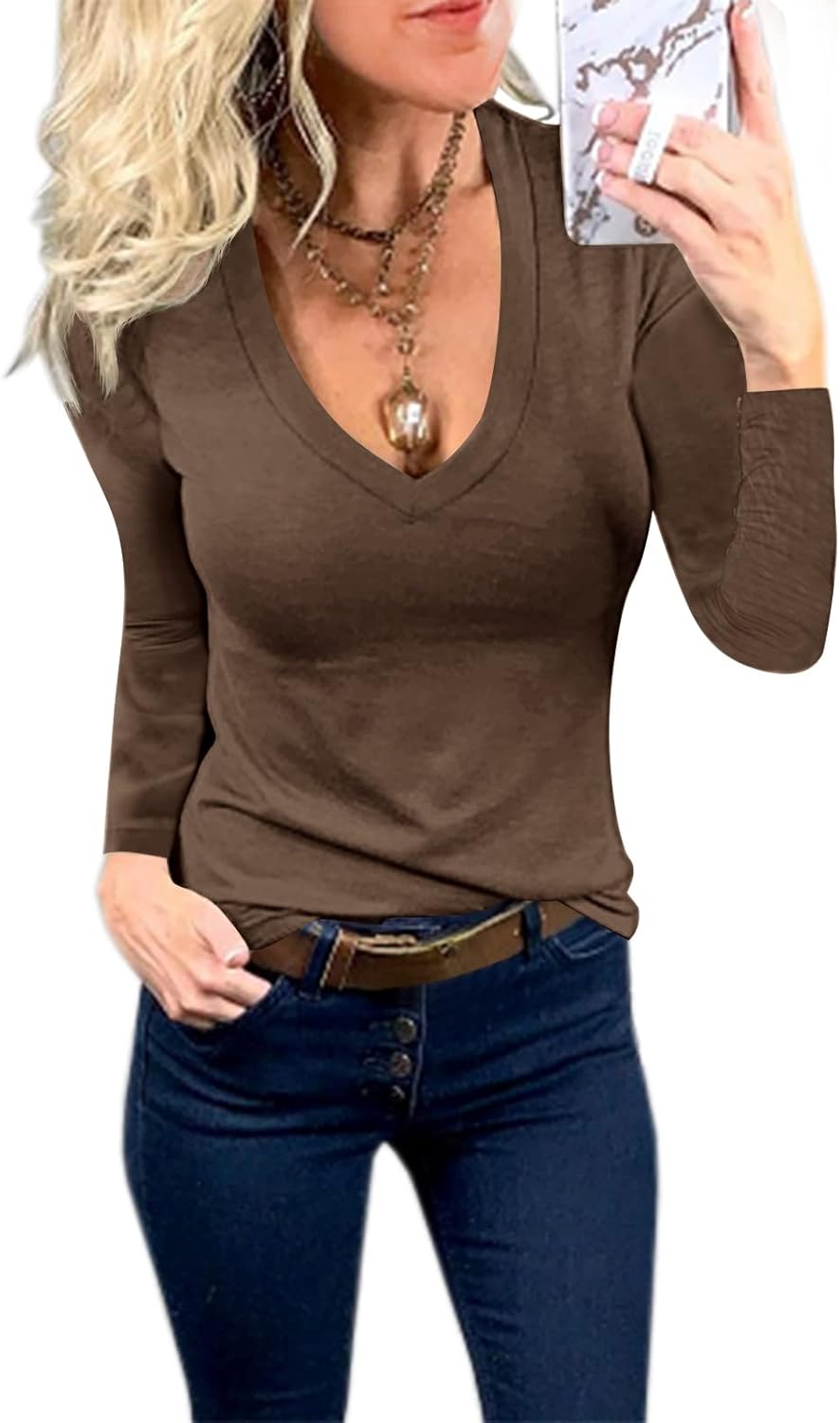 Womens Summer Sexy Short Sleeve Tshirt Tops Deep V Neck Shirts Casual Slim Fit Basic T-Shirt Tee