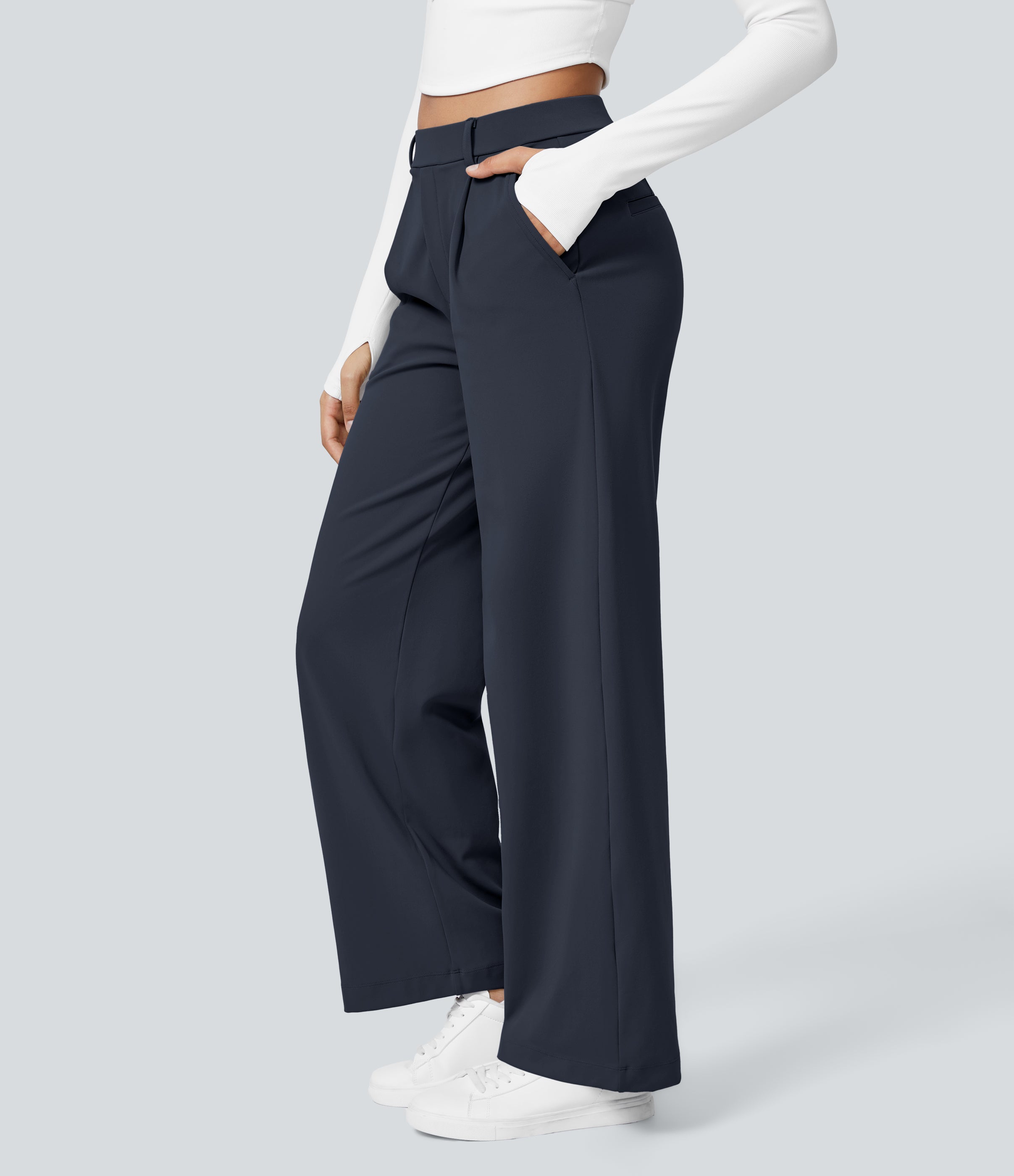 Factory Outlet - High Waisted Side Pocket Straight Leg Work Suit Pants