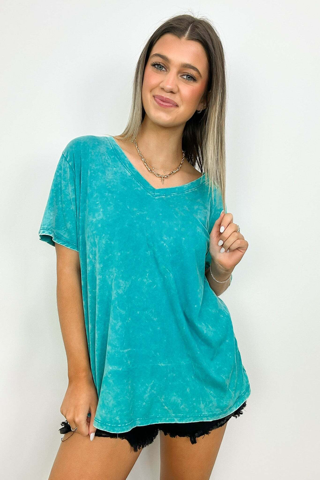 Soliel Acid Wash V-Neck Relaxed Fit Top - BACK IN STOCK