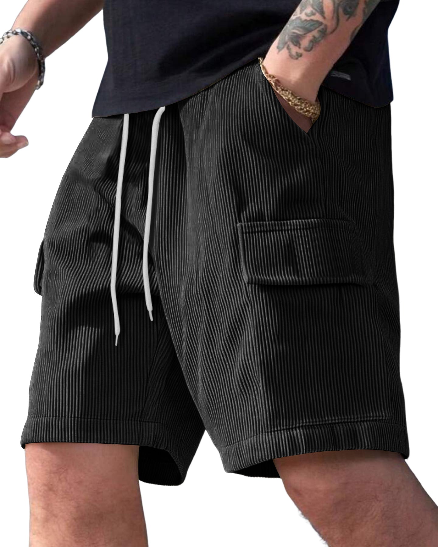 Men's Corduroy Multi-Pocket Summer Elastic Waist Casual Shorts