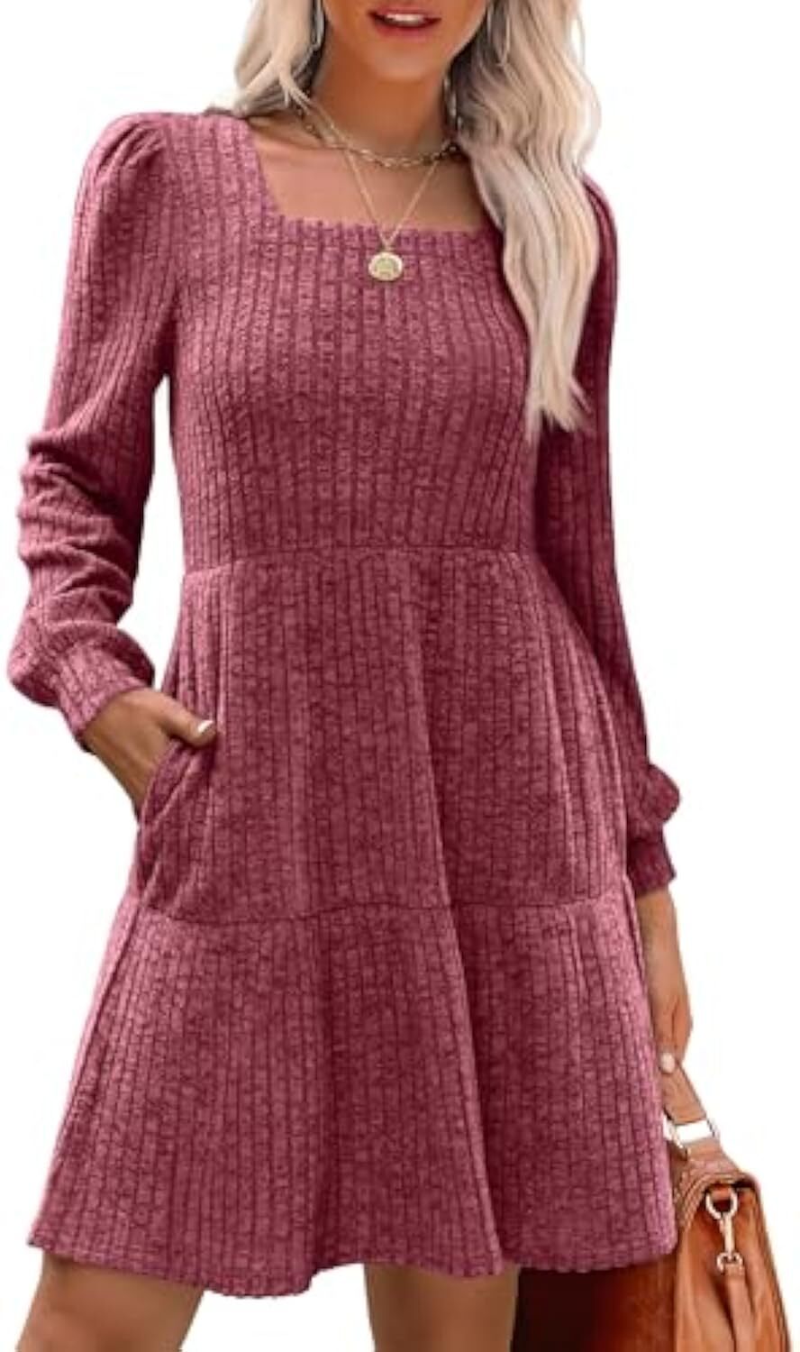 🔥Womens Square Neck Long Sleeve Fall Dresses Casual Babydoll Sweater Dress