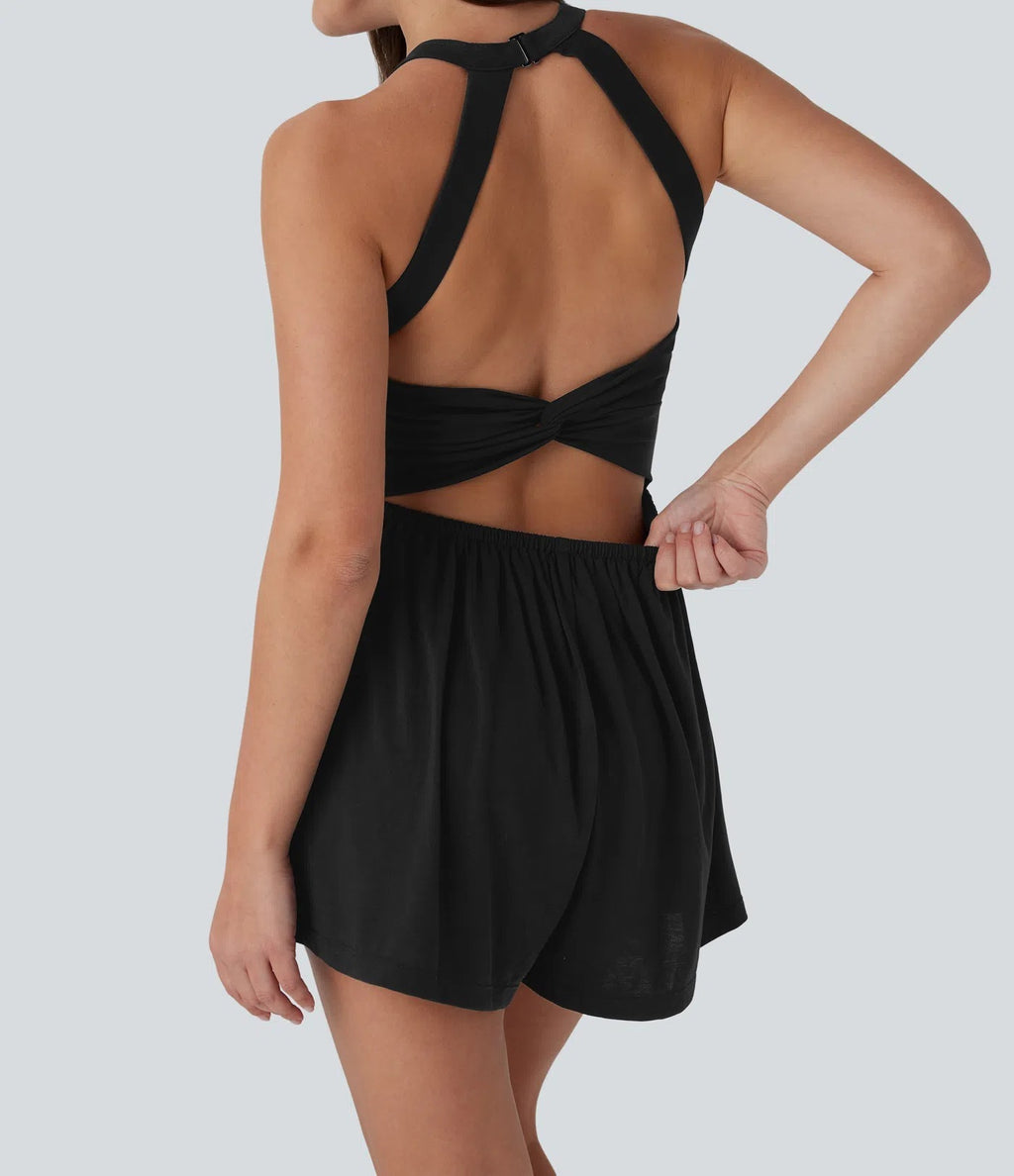 Backless Twisted Side Pocket 2-in-1 Resort Romper