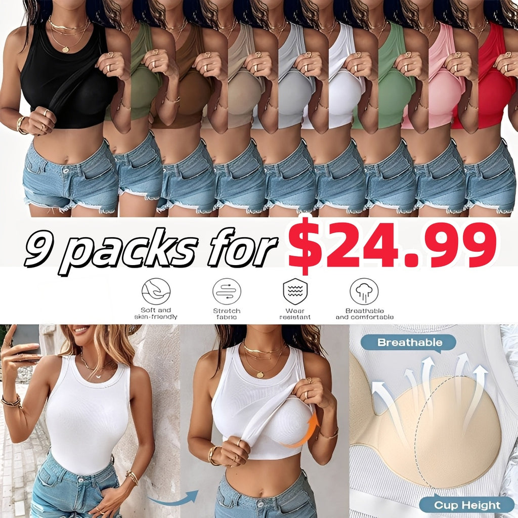 Women Built-in Bra Tank Tops Sleeveless Casual Shirts Racerback Ribbed Fitted Tank Tops