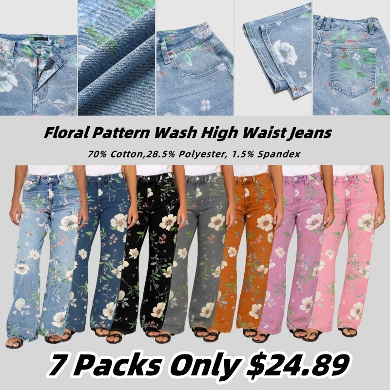 🔥Floral Pattern Wash High Waist Straight Leg Jeans