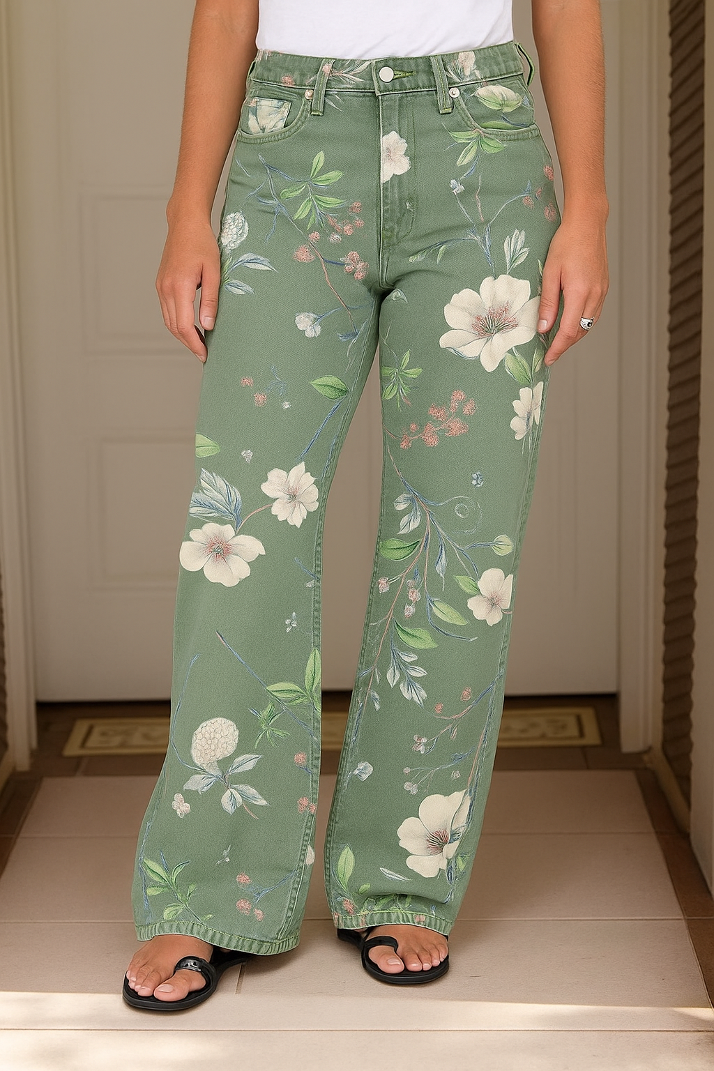 🔥Floral Pattern Wash High Waist Straight Leg Jeans
