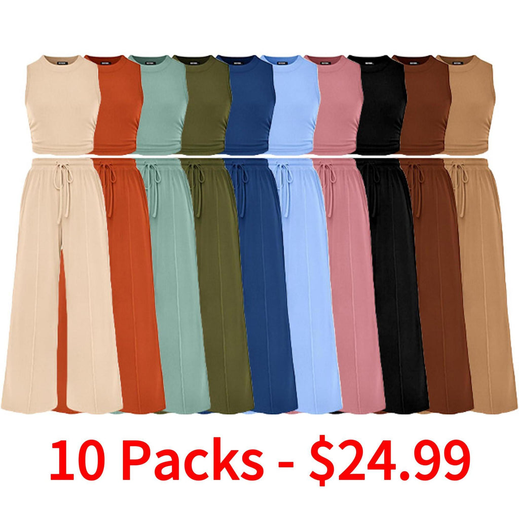 Women Summer 2 Piece Outfits 2025 Beach Crew Neck Sleeveless Cropped Top Elastic Waist Wide Leg Pants Lounge Set