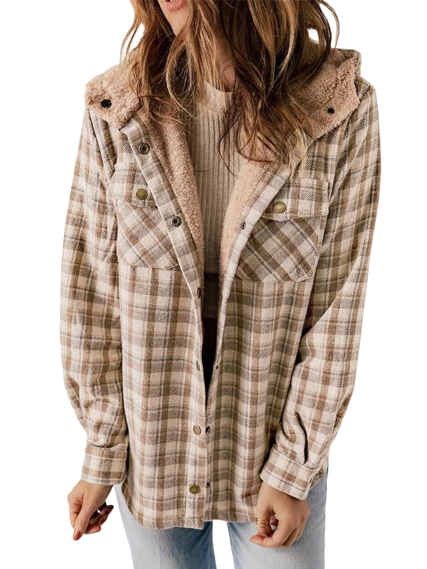 Ladies’ Plaid Hooded Button Coat – Cozy Fall/Winter