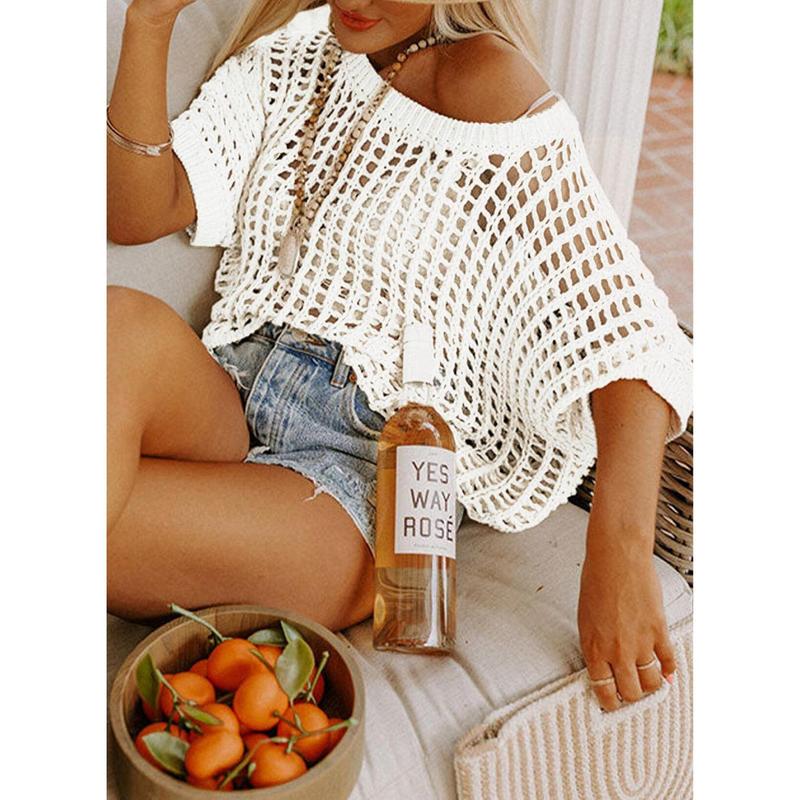 🎁 Womens Summer Scoop Neck ShortSleeve Sweater Casual Crochet Hollow Out KnitTops