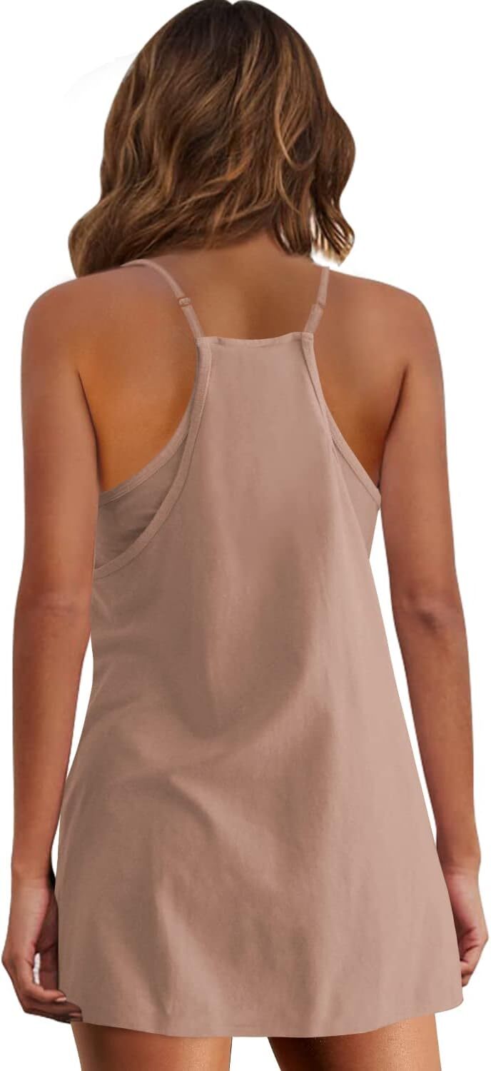 Womens Summer Sleeveless Mini Dress V Neck Spaghetti Strap Sundress Athletic Short Dress with Pockets