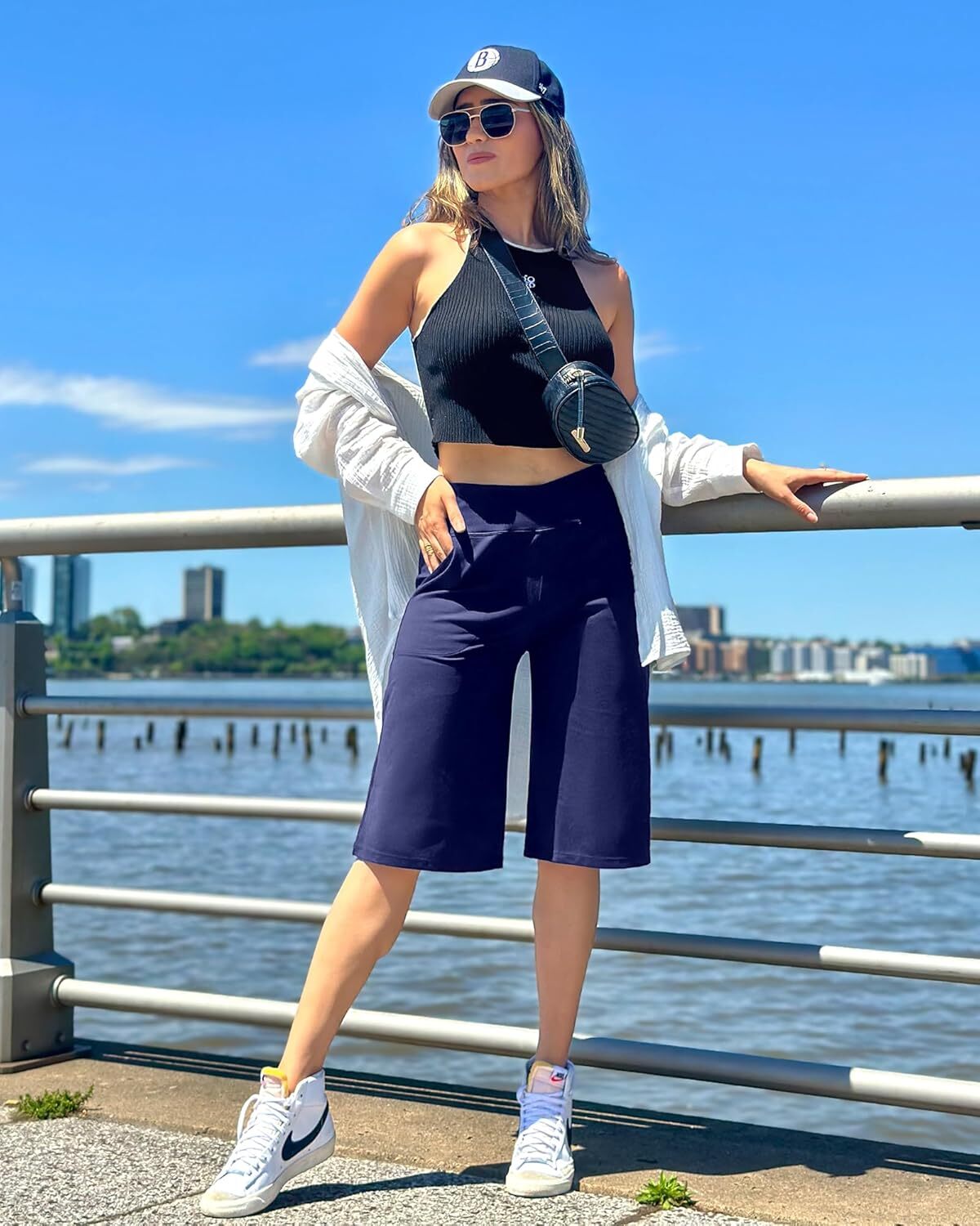 Capri Pants for Women -Knee Length Wide Leg Yoga Capris Dressy Casual Summer Crop Pants with Pockets
