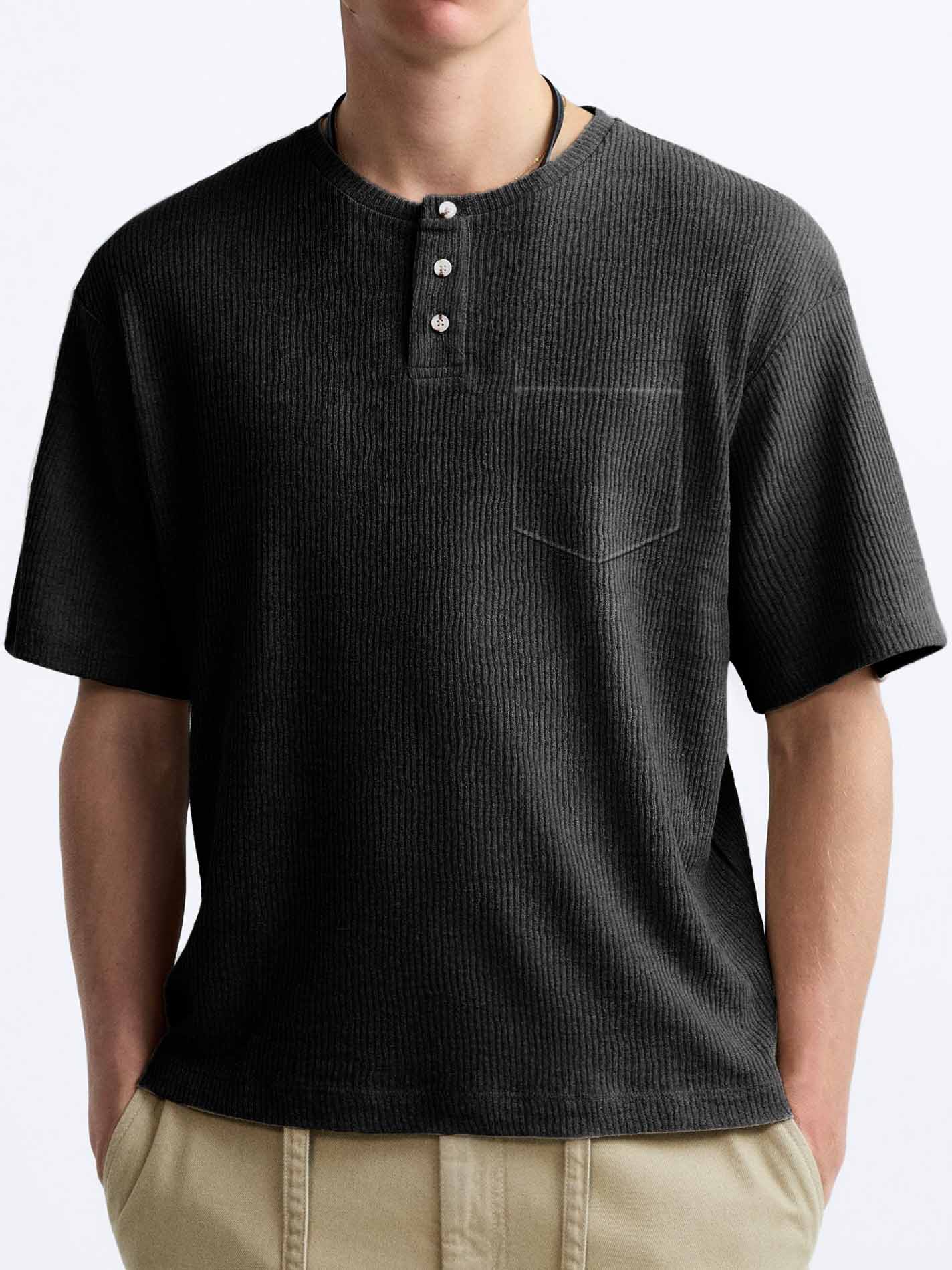 Men's Comfort Basics Striped Fabric Pocket Crew Neck Henley