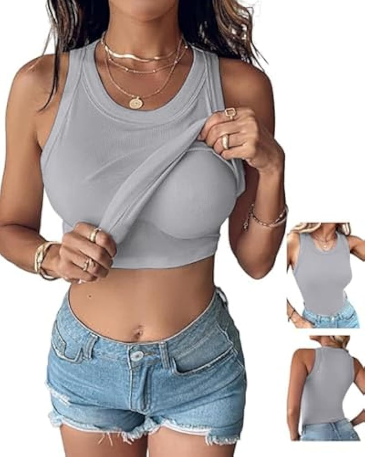 Women Built-in Bra Tank Tops Sleeveless Casual Shirts Racerback Ribbed Fitted Tank Tops