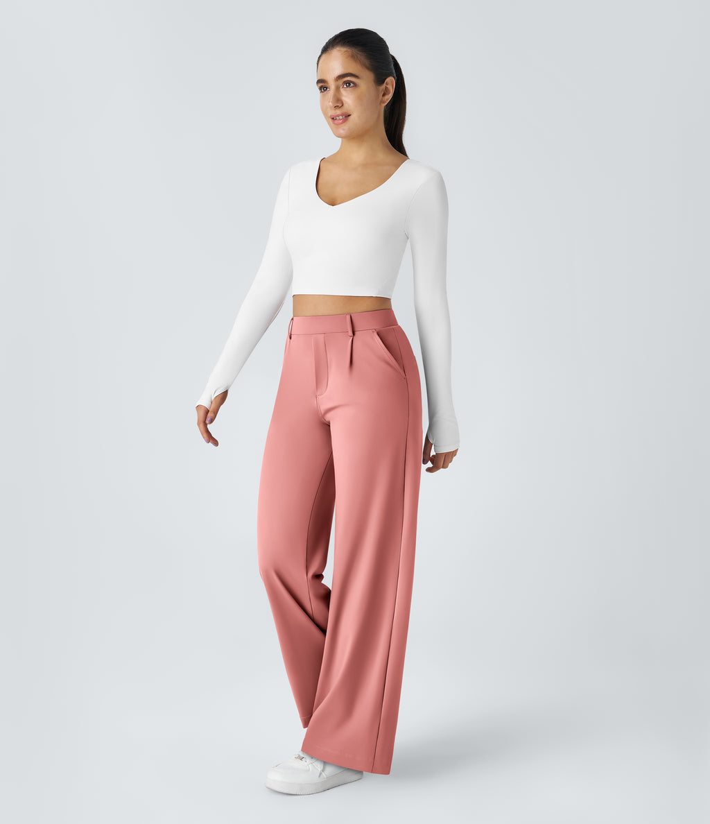 Factory Outlet - High Waisted Side Pocket Straight Leg Work Suit Pants