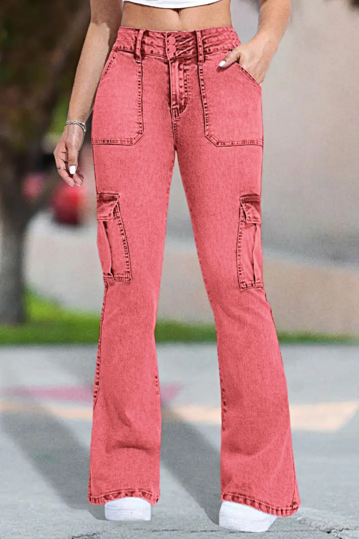 ⚡Last Chance Deal⚡- Multi Pocket Double Button Mid Rise Flare Cargo Jeans