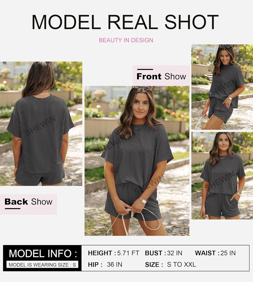 Two 2 Piece Sets for Women Short Sleeve Shirts High Waisted Shorts with Pockets Pajamas Lounge Matching Set