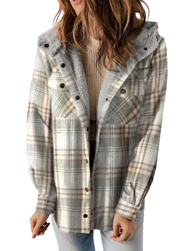 Ladies’ Plaid Hooded Button Coat – Cozy Fall/Winter
