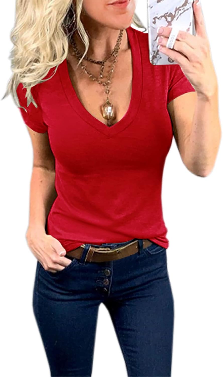 Womens Summer Sexy Short Sleeve Tshirt Tops Deep V Neck Shirts Casual Slim Fit Basic T-Shirt Tee