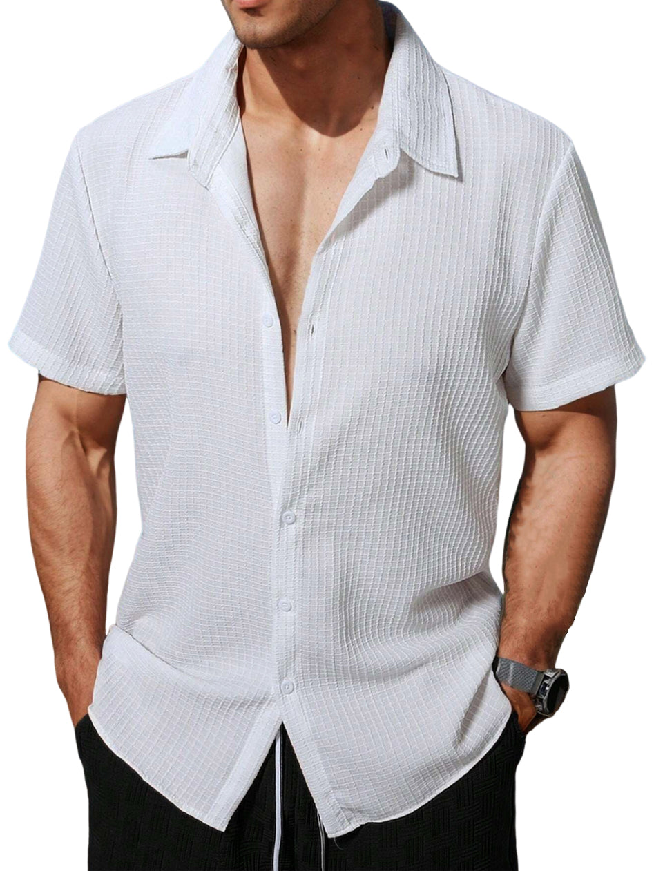 Men's Hawaiian Lapel Waffle Short Sleeve Shirt