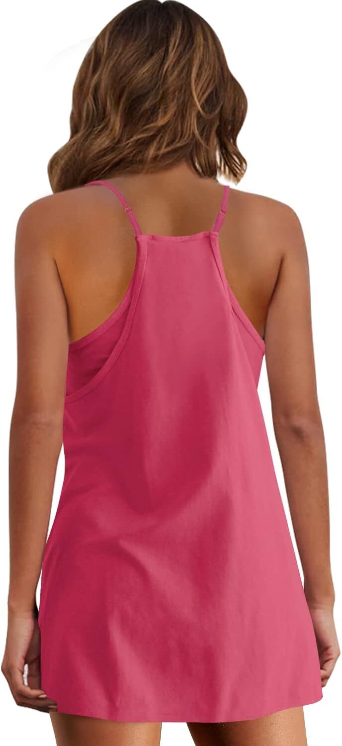 Womens Summer Sleeveless Mini Dress V Neck Spaghetti Strap Sundress Athletic Short Dress with Pockets