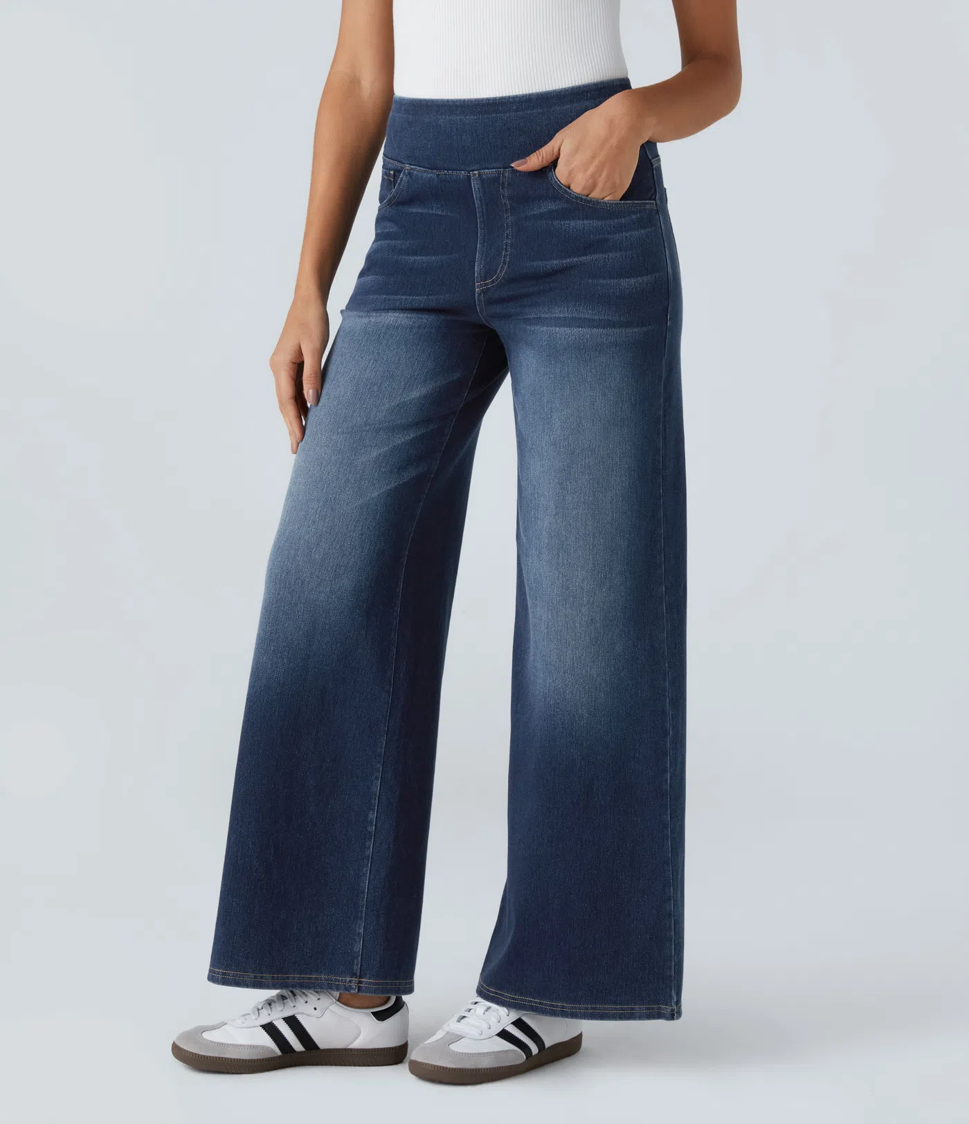 FINAL SALE⚡High Waisted Multiple Pockets Baggy Wide Leg Washed Stretchy Knit Casual Jeans