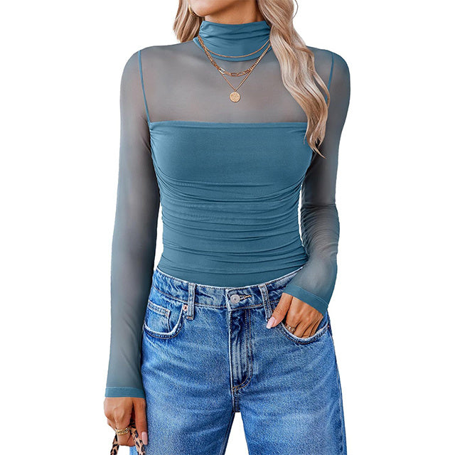 💝Autumn Specials💝Women's Long Sleeve Tights Turtleneck Shapewear Bodysuit Mesh Bodysuit Shirt