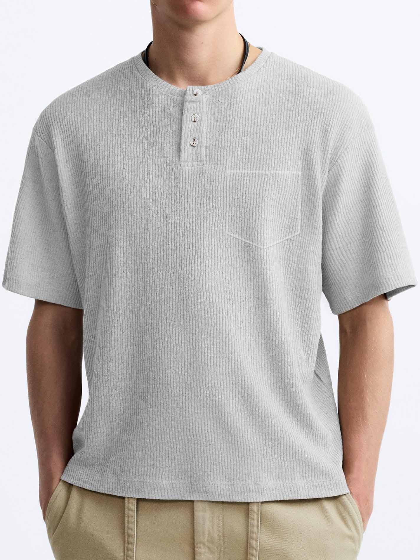 Men's Comfort Basics Striped Fabric Pocket Crew Neck Henley