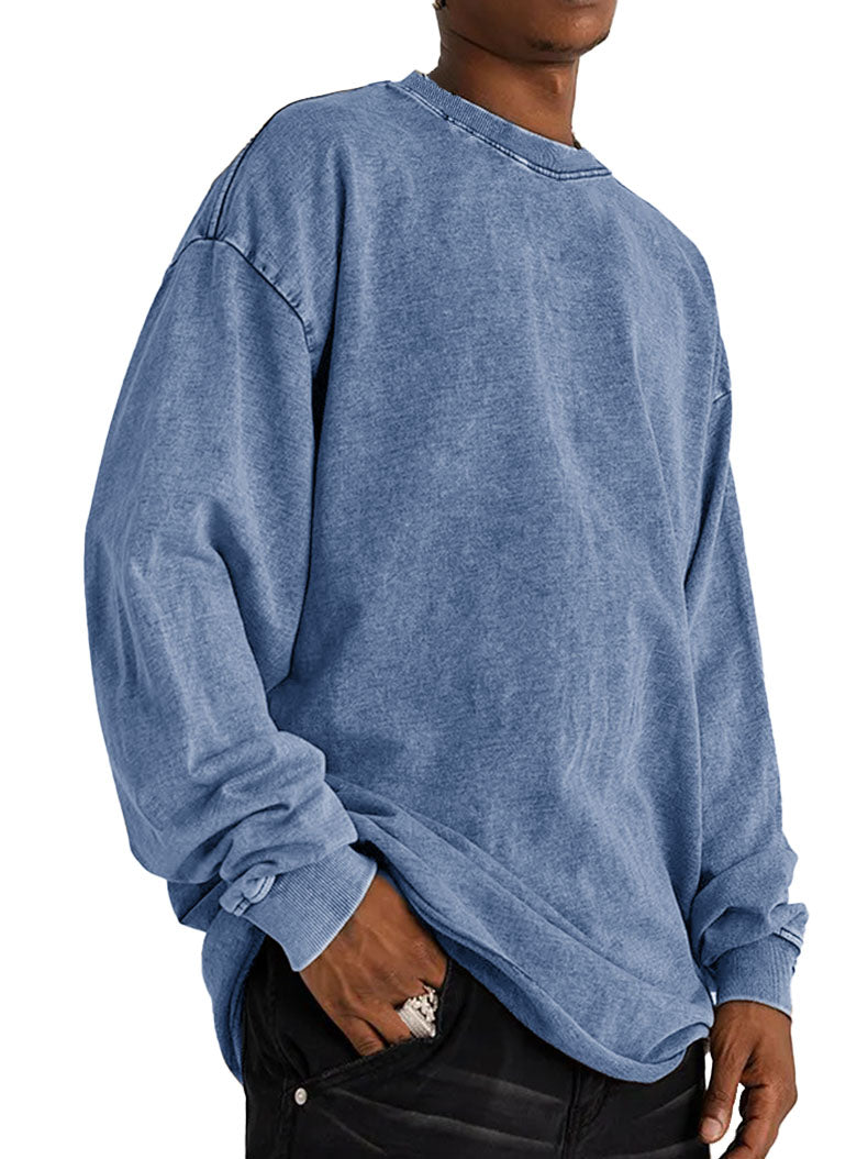 Men's Fashion Vintage Washed Cotton Round Neck Long Sleeve T-Shirt