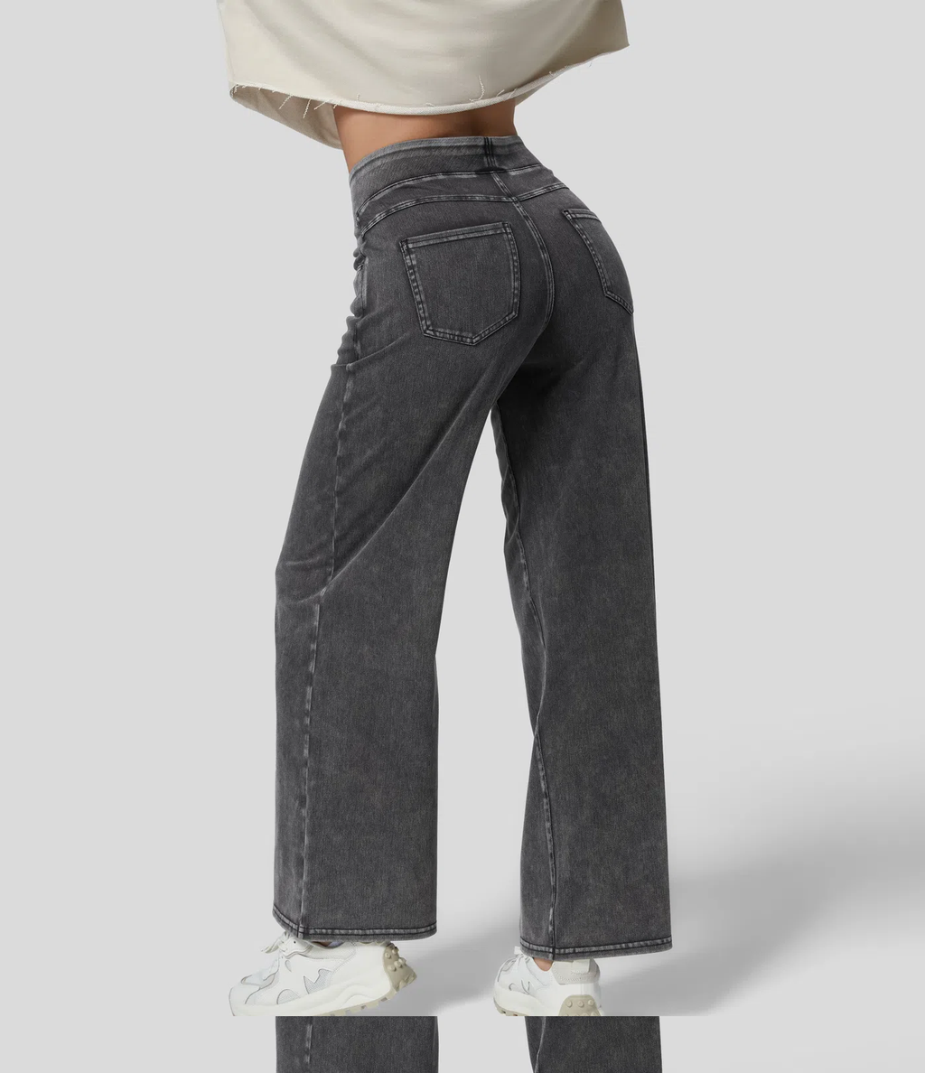 FINAL SALE⚡High Waisted Multiple Pockets Baggy Wide Leg Washed Stretchy Knit Casual Jeans