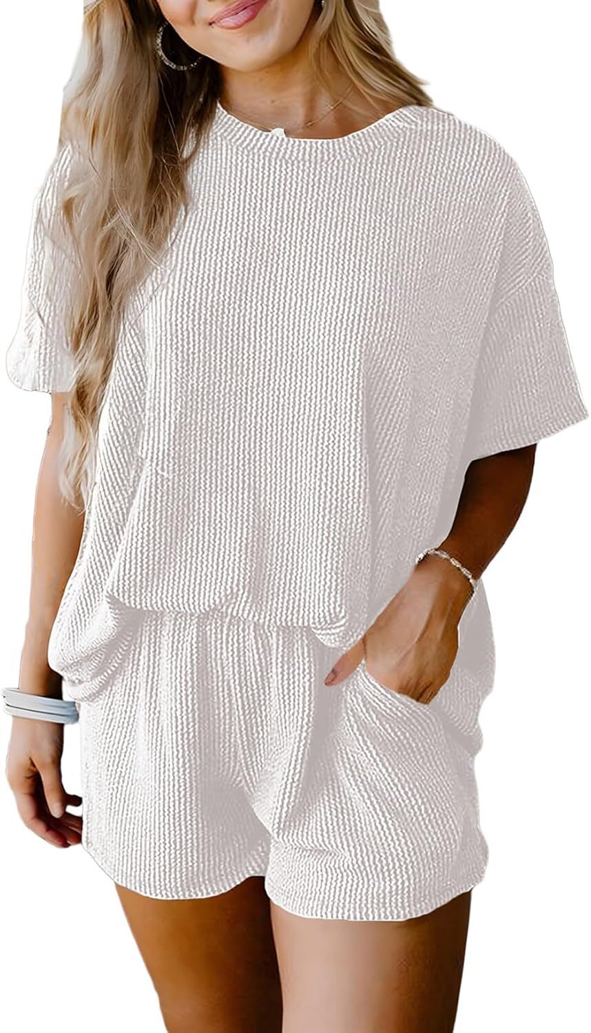 Two 2 Piece Sets for Women Short Sleeve Shirts High Waisted Shorts with Pockets Pajamas Lounge Matching Set