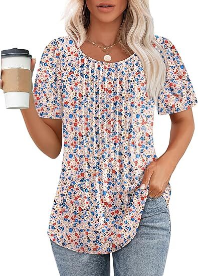 🔥Last day promotion🔥Womens T Shirts Short Sleeve Pleated Dressy Casual Scooped Neck Summer Tops Blouses