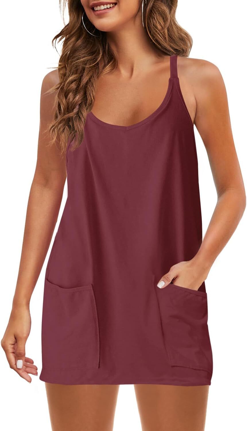 Womens Summer Sleeveless Mini Dress V Neck Spaghetti Strap Sundress Athletic Short Dress with Pockets