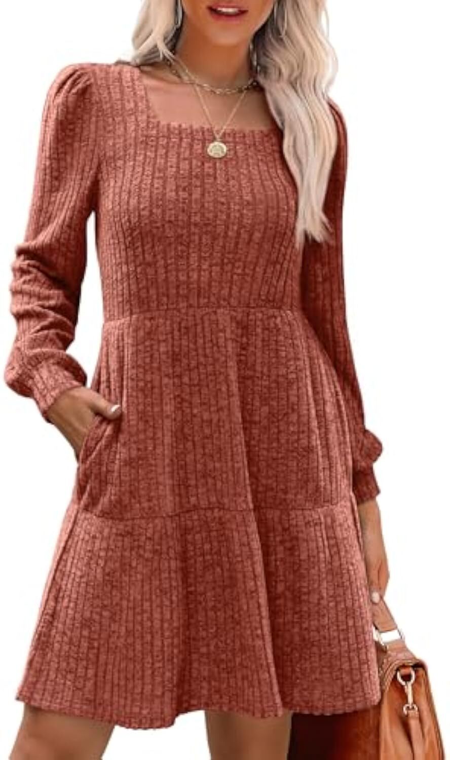 🔥Womens Square Neck Long Sleeve Fall Dresses Casual Babydoll Sweater Dress