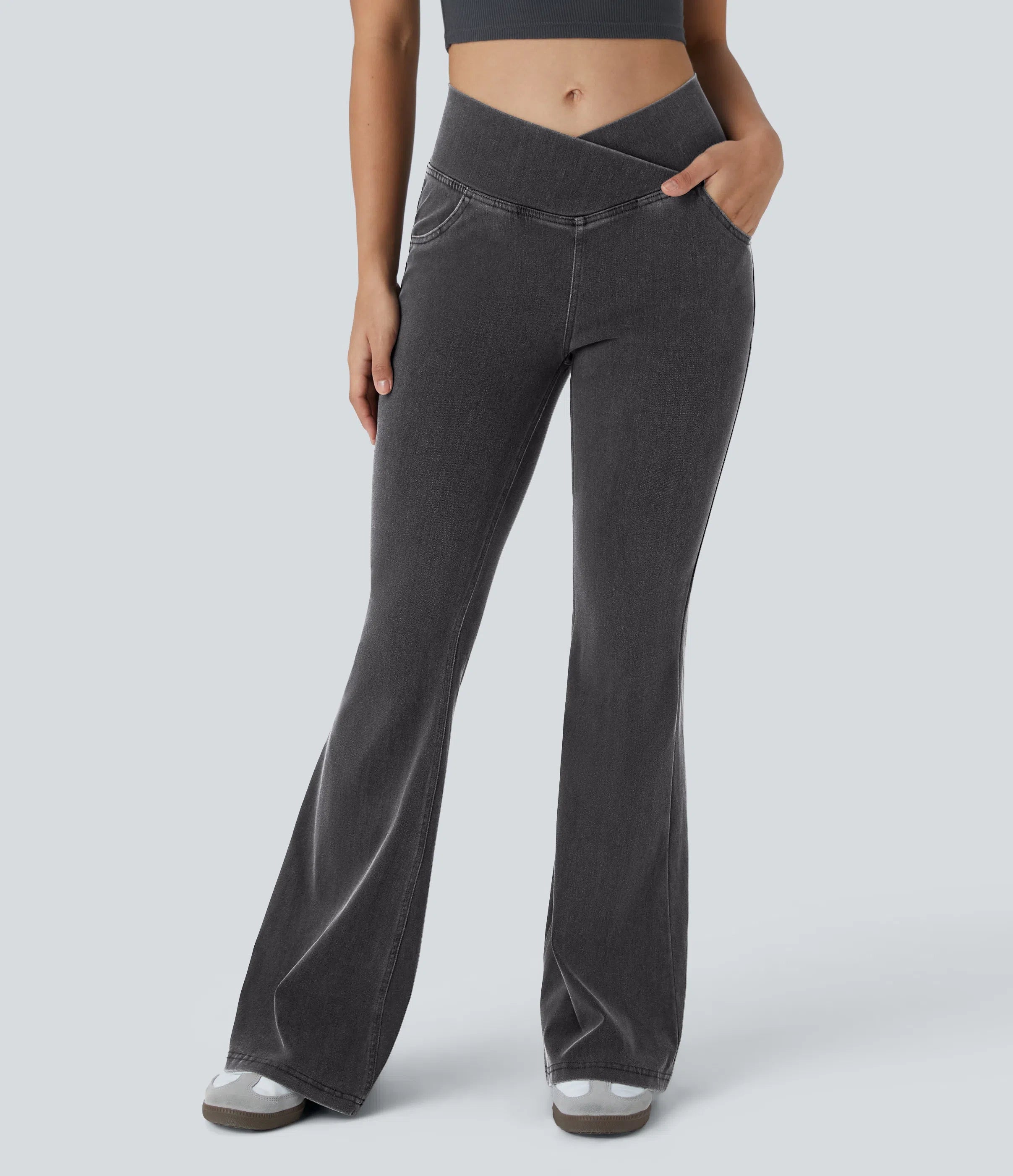 ⚡High Waisted Crossover Pocket Washed Stretchy Knit Casual Super Flare Jeans⚡