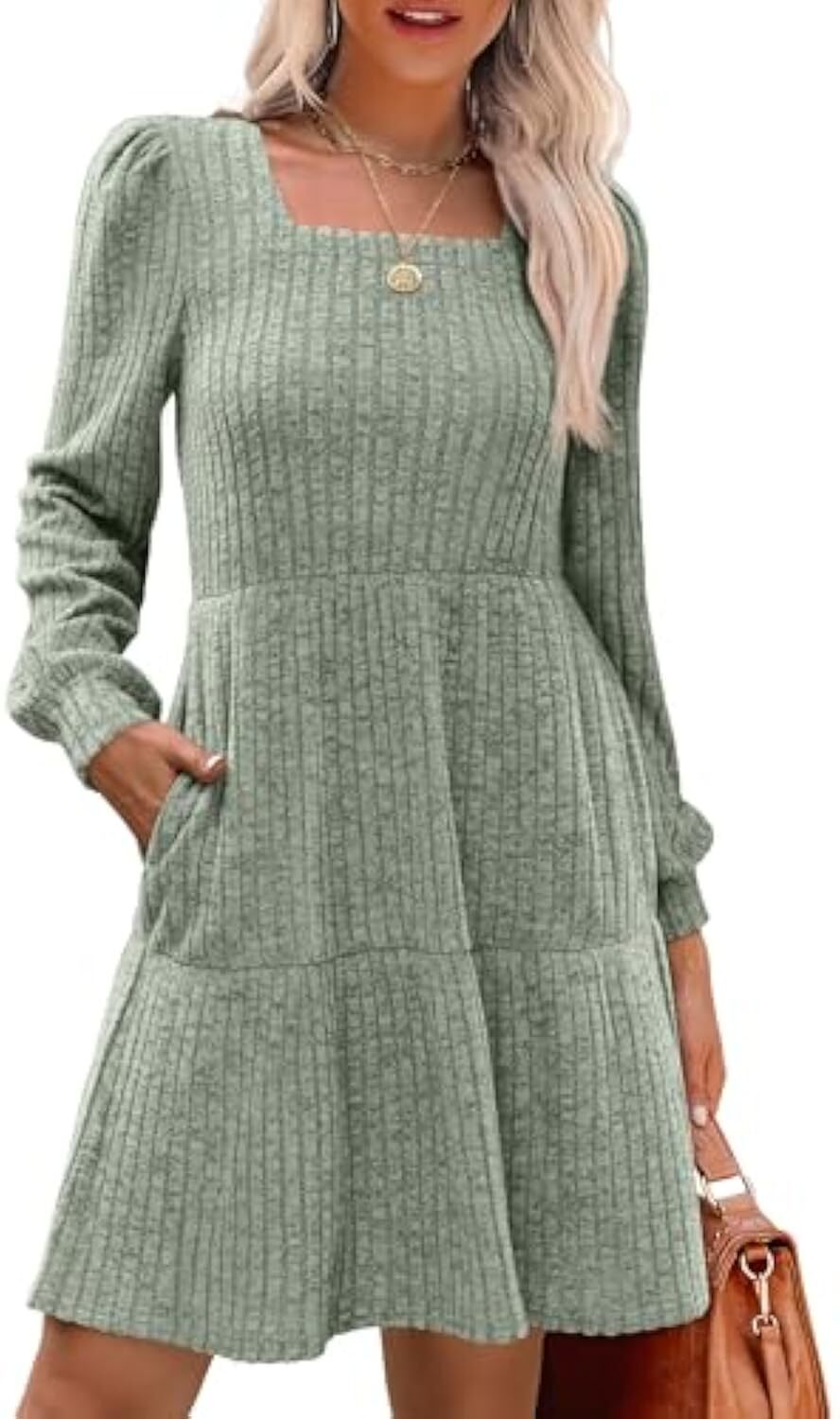 🔥Womens Square Neck Long Sleeve Fall Dresses Casual Babydoll Sweater Dress