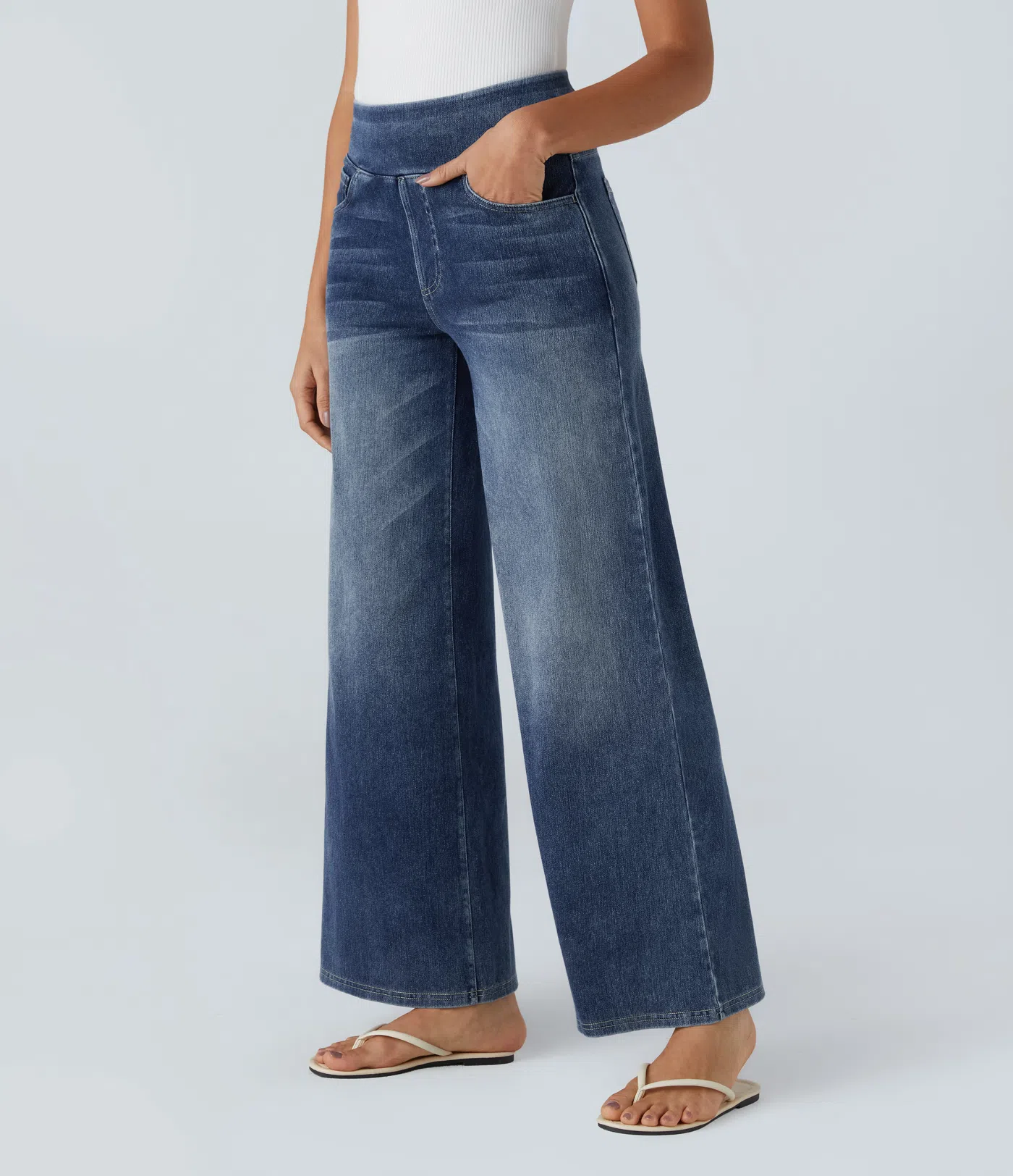 FINAL SALE⚡High Waisted Multiple Pockets Baggy Wide Leg Washed Stretchy Knit Casual Jeans